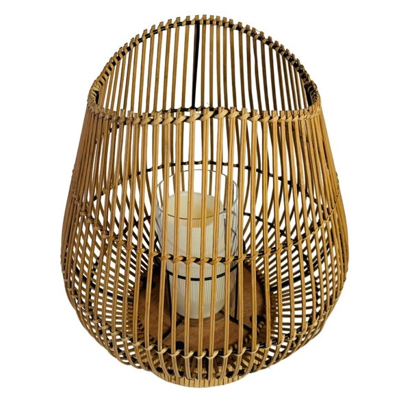 Boho Bamboo Candle Holder Lantern Glass Insert 16" Curved Rustic Home Decor Tabl - Picture 10 of 16